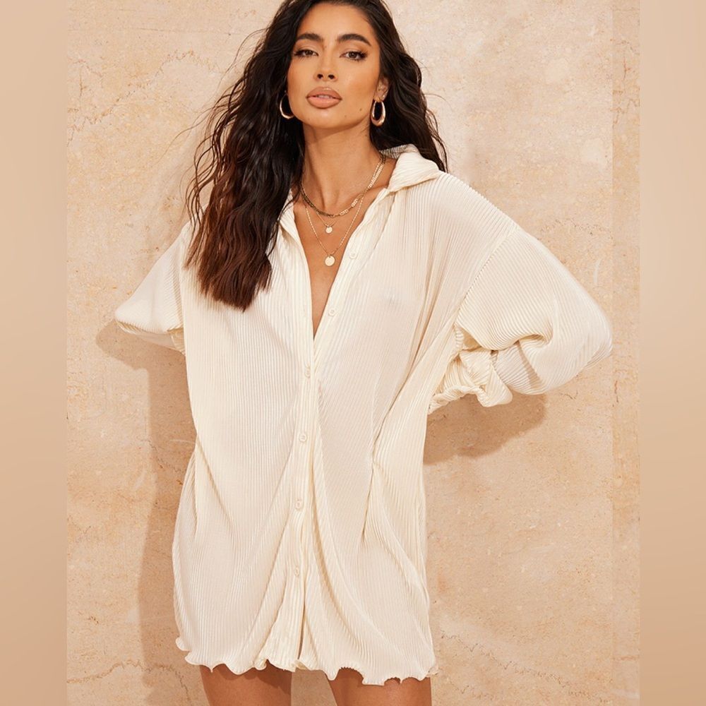 Cream Plisse Button Front Oversized Shirt in US size 10 and 12